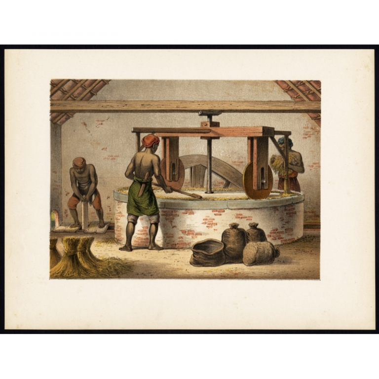 Antique Print of a Mill for Rice Peeling by Perelaer (1888)