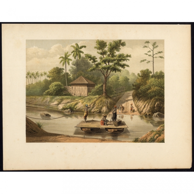 Antique Print of a Ferry over the Ci Durian River by Perelaer (1888)