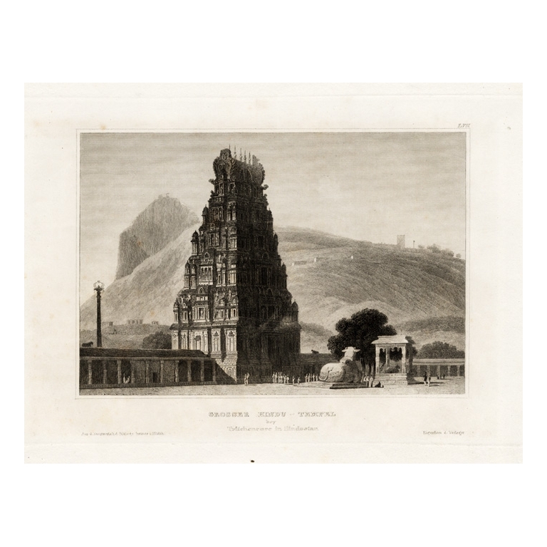 Antique Print of a Hindu Temple near Tritchencore by Meyer (1840)