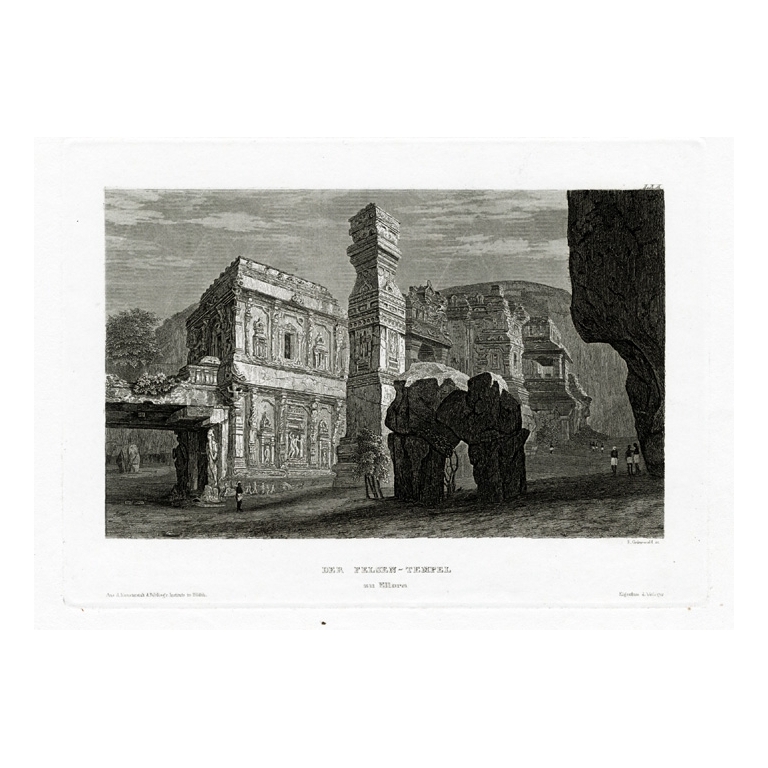 Antique Print of the Fountain Temple in Ellora by Meyer (1840)