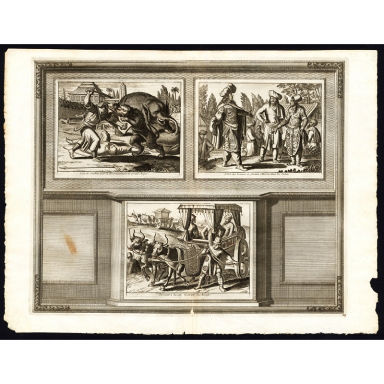 Antique Print of Fights for the amusement of the Great Mogul by Van der Aa (1725)