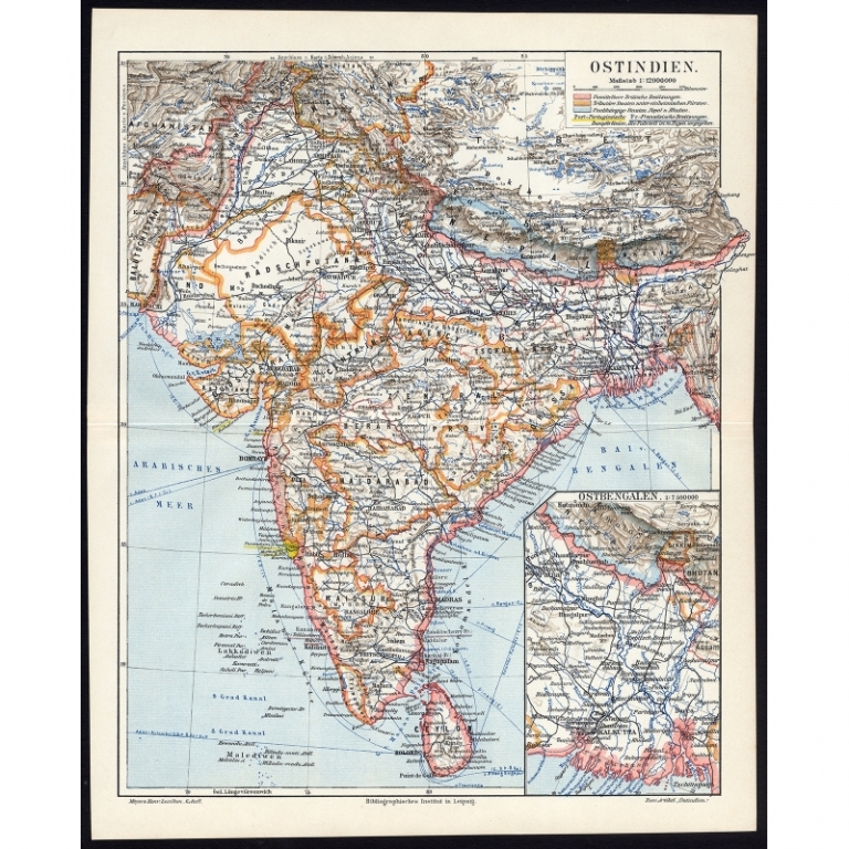 Antique Map of India and Sri Lanka by Meyer (1902)