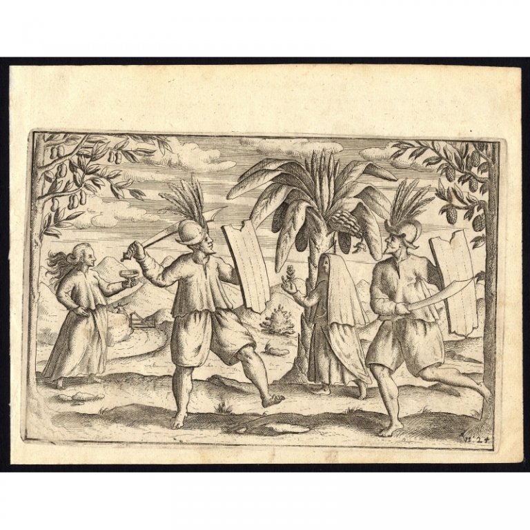 Antique Print of Maluku swordsmen by Commelin (1646)