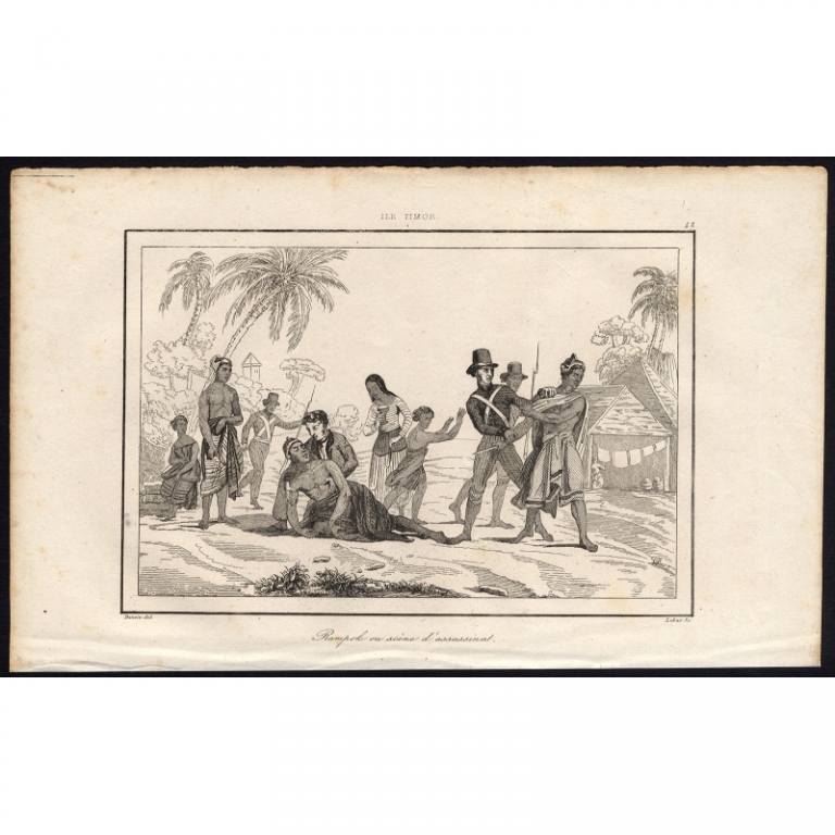 Antique Print of an Assassination scene on a beach by Rienzi (1836)
