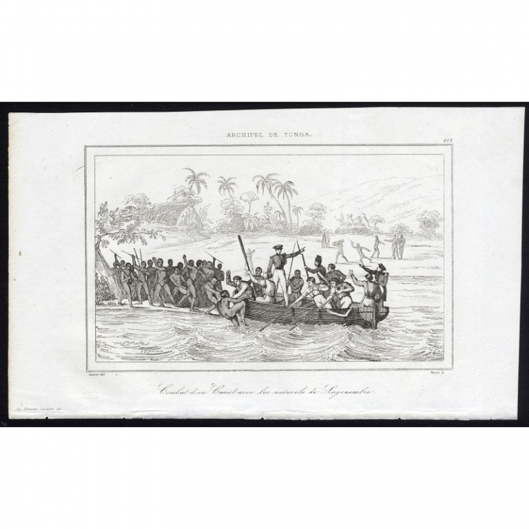 Antique Print of European explorers in a canoe by Rienzi (1836)