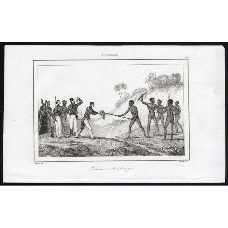 Antique Print of a meeting between European explorers by Rienzi (1836)