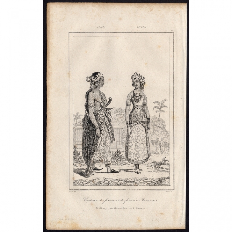 Antique Print of Costumes of a betrothed couple on Java by Rienzi (1836)