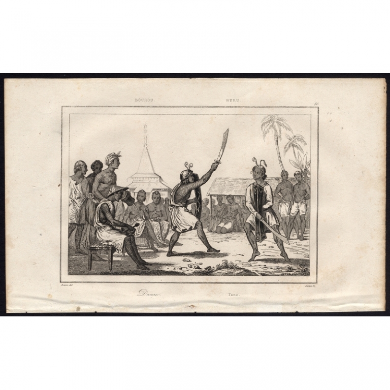 Antique Print of a ritual warrior dance of Buru Island by Rienzi (1836)