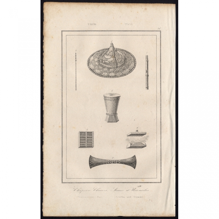 Antique Print of a Chinese conical hat, weapons and utensils by Rienzi (1836)