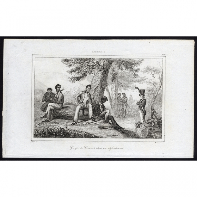 Antique Print of a group of Convicts in a clearing by Rienzi (1836)