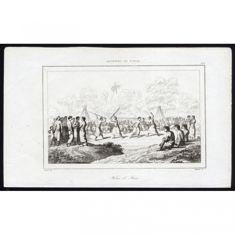 Antique Print of a feast day on Tonga by Rienzi (1836)
