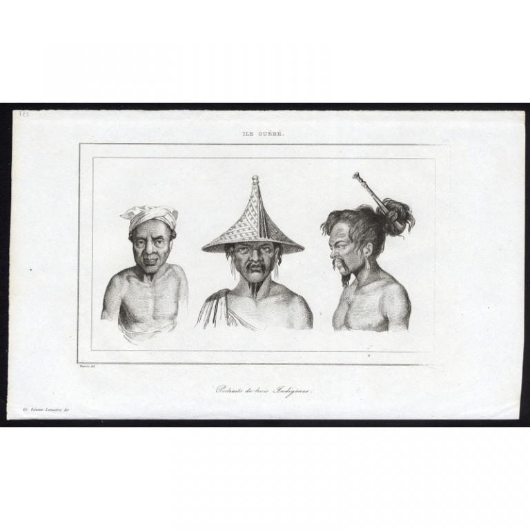 Antique Print with Portraits of three indigenous inhabitants of Guebe Island by Rienzi (1836)