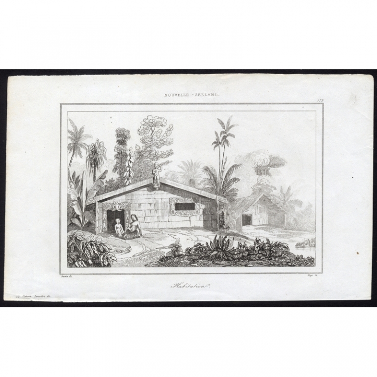 Antique Print of wooden Houses on New Zealand by Rienzi (1836)
