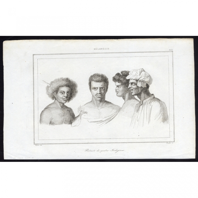 Antique Print with Portraits of four indigenous Melanesians by Rienzi (1836)
