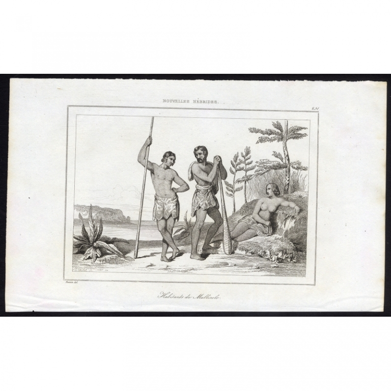 Antique Print of Men and a woman of the island Mallicolo by Rienzi (1836)