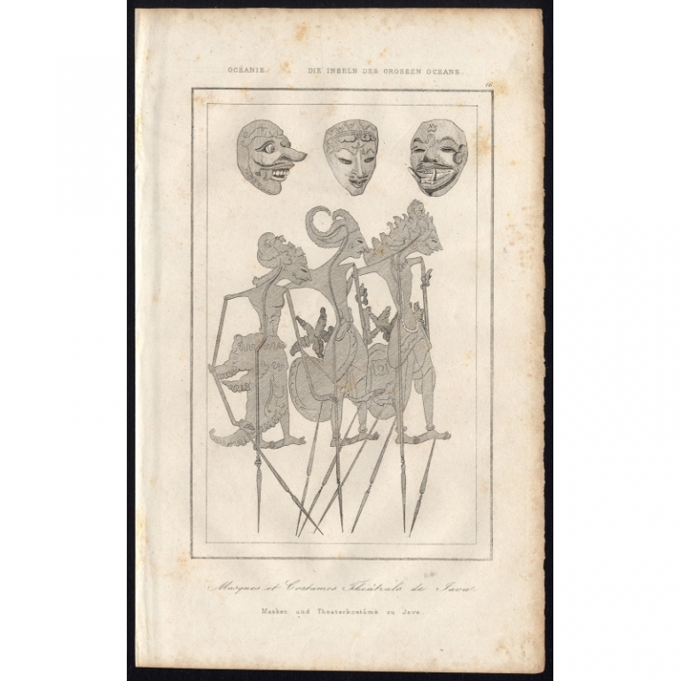 Antique Print of Masks and Wayang puppets from Java by Rienzi (1836)