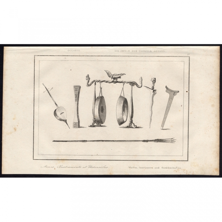 Antique Print of Weapons, Musical Instruments and Utensils by Rienzi (1836)