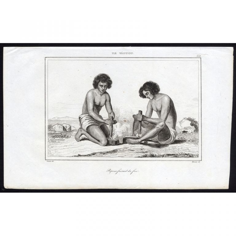 Antique Print of Papuas making fire by Rienzi (1836)
