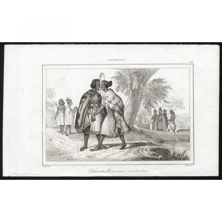 Antique Print of the Greeting of two Maori men by Rienzi (1836)
