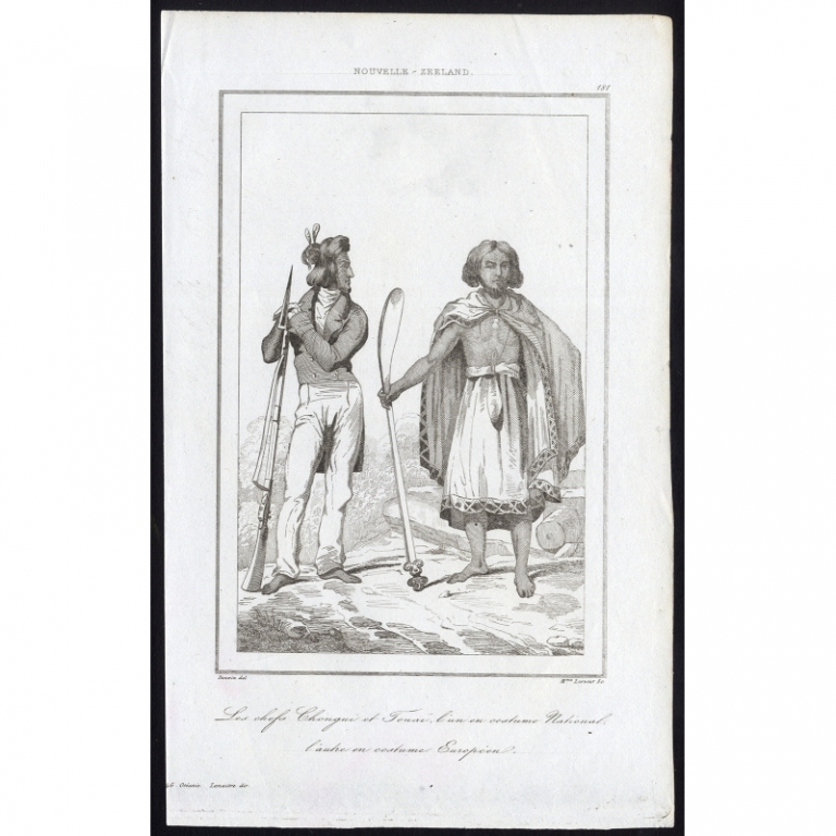 Antique Print of Chongui and Touai Maori chiefs by Rienzi (1836)