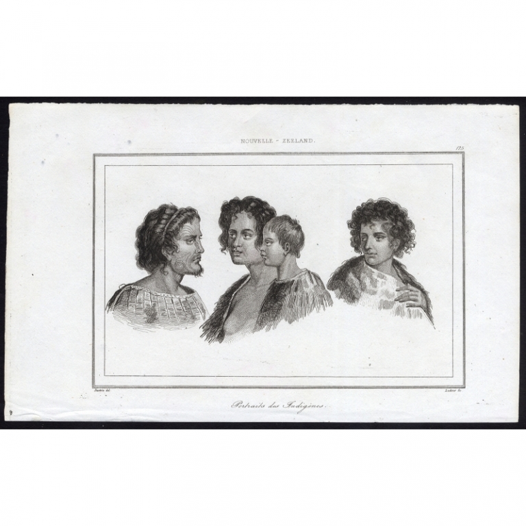Antique Print with three Portraits of Inhabitants of New Zealand by Rienzi (1836)