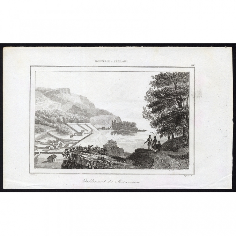 Antique Print of a missionary establishment on New Zealand by Rienzi (1836)