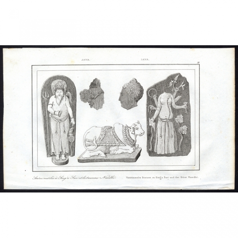 Antique Print of Statues of Sing'a Sari and Nandi by Rienzi (1836)