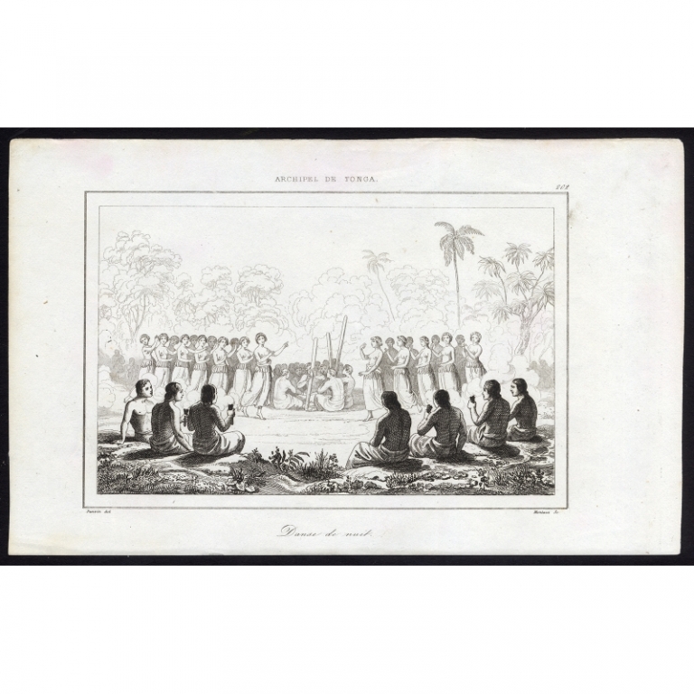 Antique Print of a Night Dance on Tonga by Rienzi (1836)