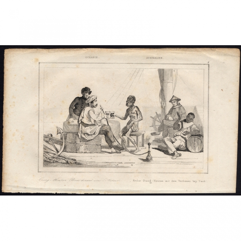 Antique Print of a red Urang-Utan dining with the Author by Rienzi (1836)