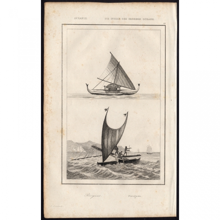 Antique Print of two Pirogues by Rienzi (1836)