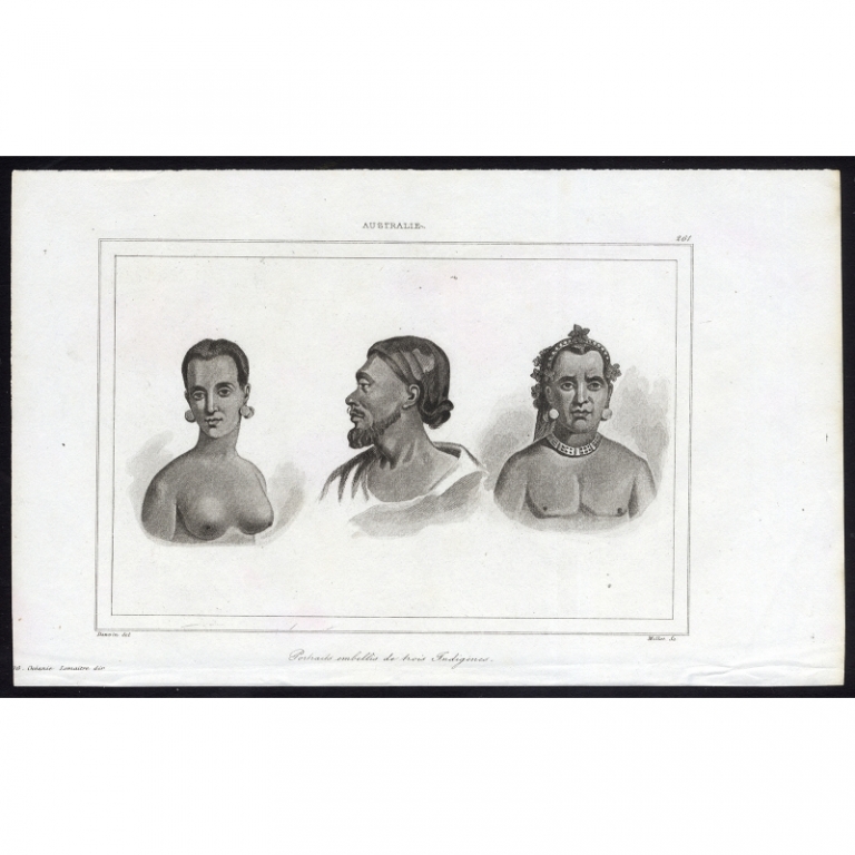 Antique Print with three Portraits of Australian natives by Rienzi (1836)