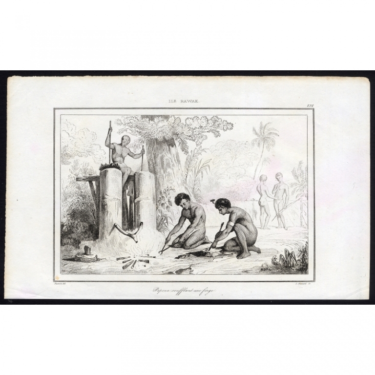 Antique Print of Papuas blowing a forge by Rienzi (1836)