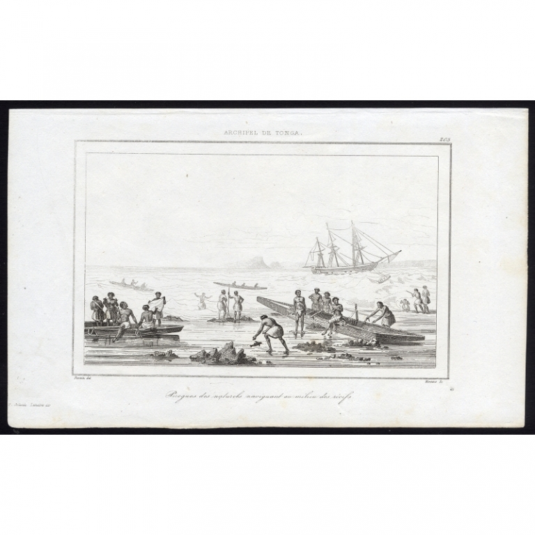 Antique Print of the Pirogues of the indigenous people by Rienzi (1836)