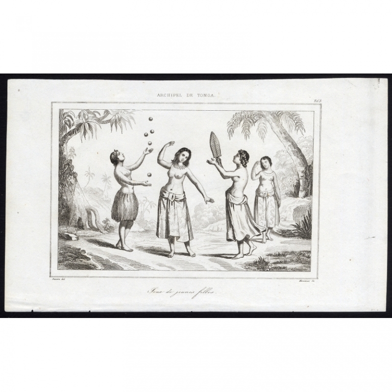 Antique Print of four young Women of Tonga by Rienzi (1836)