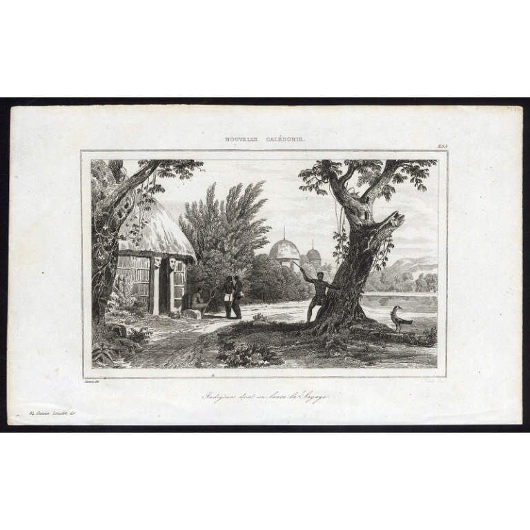 Antique Print of huts and native people on Sagay by Rienzi (1836)