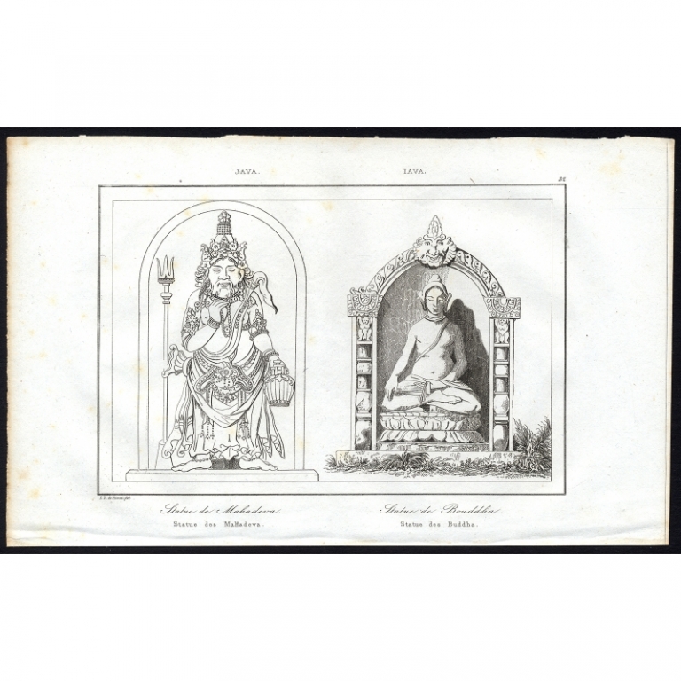 Antique Print of Statues of Buddha and Mahadeva by Rienzi (1836)