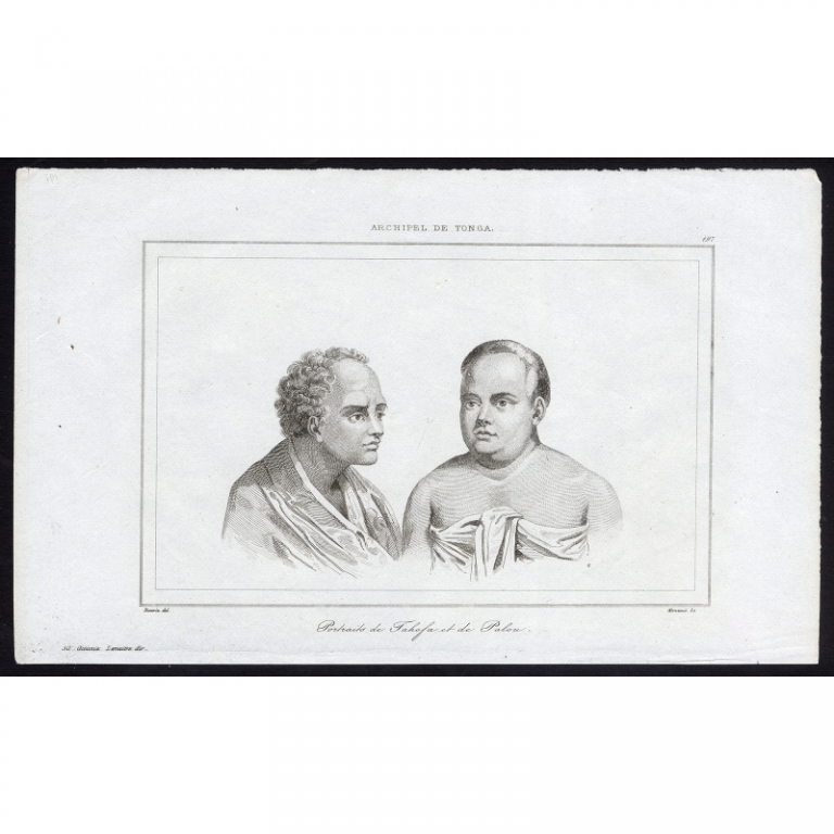 Antique Print with Portraits of chiefs Tahofa and Palou by Rienzi (1836)