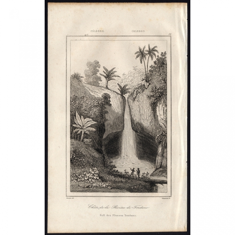 Antique Print of the Waterfall in the river near Tondano by Rienzi (1836)
