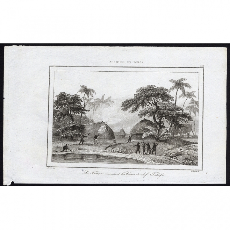Antique Print of the burning houses of chief Tahofa by Rienzi (1836)