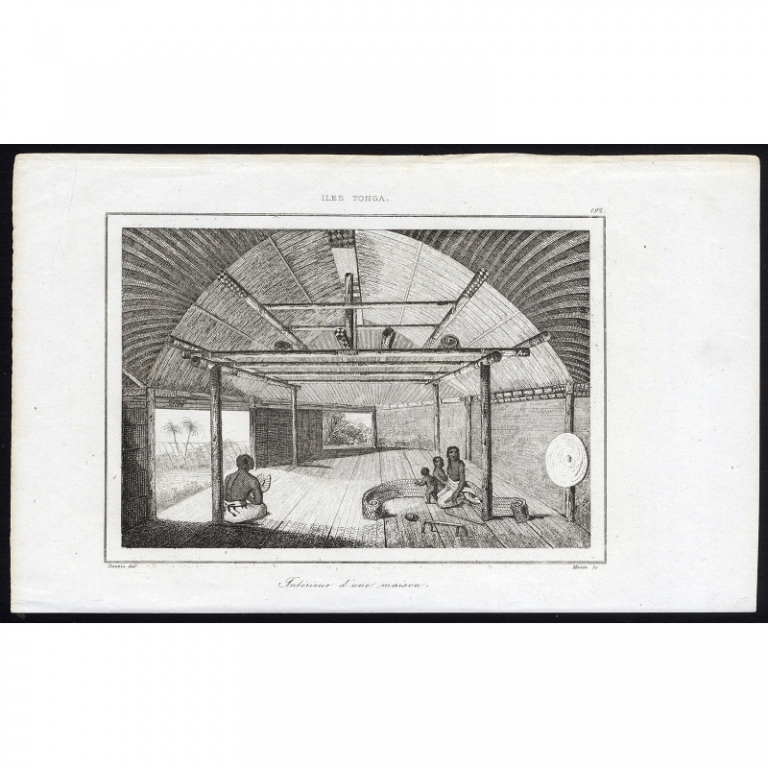 Antique Print of the Interior of a house on Tonga by Rienzi (1836)