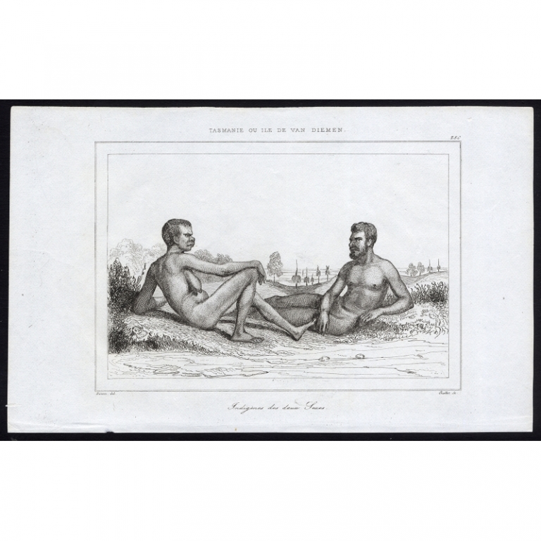 Antique Print of of a male and female inhabitant of Van Diemen's Land by Rienzi (1836)