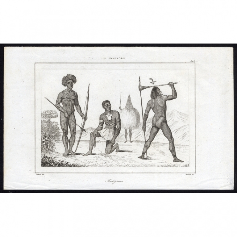 Antique Print of native warriors of the island Vanikoro by Rienzi (1836)