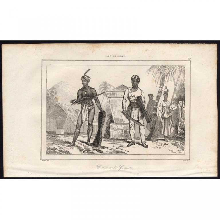 Antique Print of Warrior costumes of the island Celebes by Rienzi (1836)