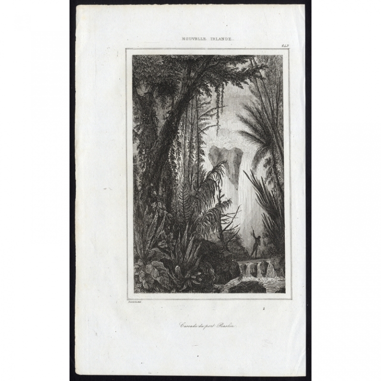 Antique Print of the waterfall near the harbour of Praslin (1836)