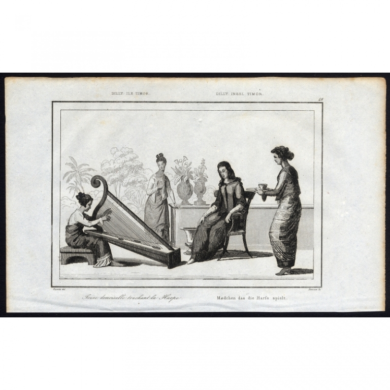 Antique Print of a Woman playing Harp by Rienzi (1836)