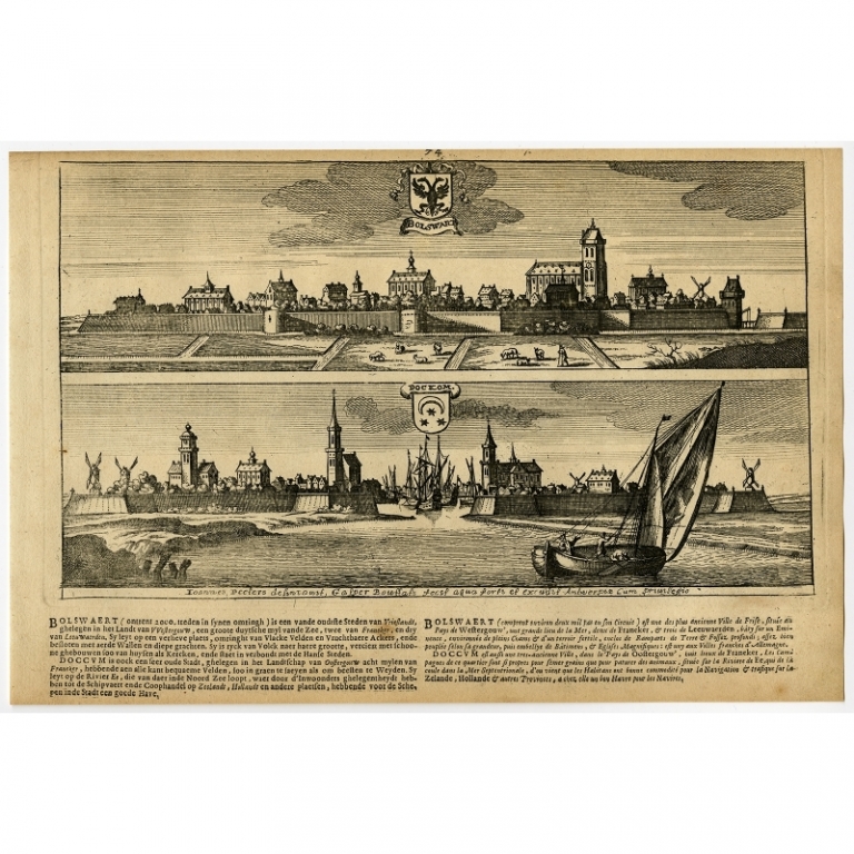 Antique Print of Bolsward and Dokkum by Bouttats (1680)