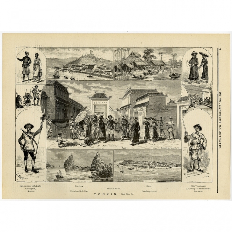 Antique Print of Scenes in Tonkin (c.1900)