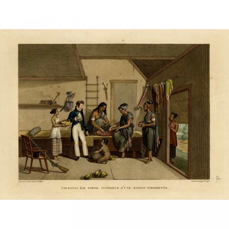 Antique Print of the Interior of a Timor house by Lerouge & Forget (1825)