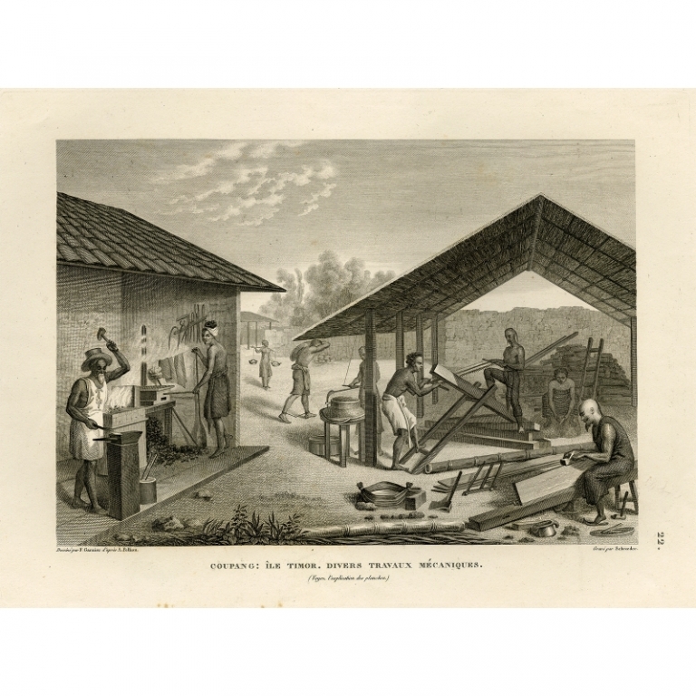 Antique Print of various mechanical occupations in Coupang by Schroeder (1825)