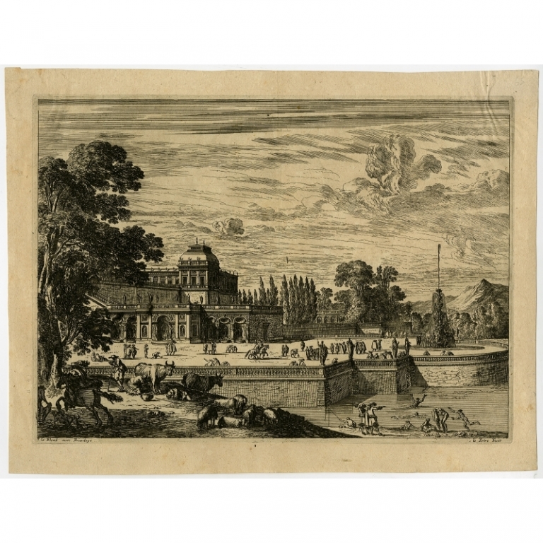 Antique Print with a scene near a Riverbank by Lepautre (c.1660)